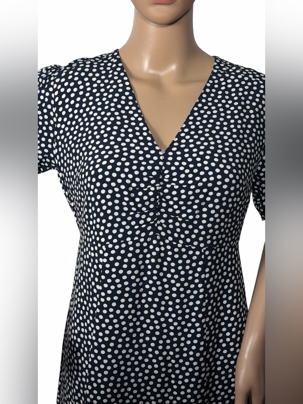 Boden “Jemima” Ruched Short Sleeved Dress Navy & White Polka Dot. Size 2P. NWOT - Picture 9 of 16